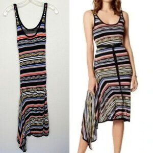 KAREN MILLEN Asymmetric Striped Dress Open Knit Midi Black Scoop Neck Lined XS